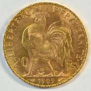 Superb Gem BU 1909 France 20 Francs Gold 'Rooster' coin