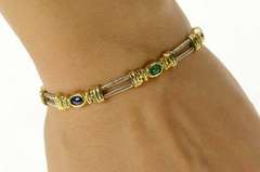 14K Yellow Gold Emerald Ruby Sapphire Two Tone Bar Bracelet