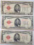 3 1928 Series Red Seal $ 5 US Notes