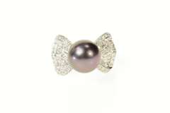 18K White Gold Black Pearl Diamond Ornate Bow Cocktail Ring