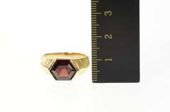 14K Yellow Gold Hexagonal Cut Ornate Garnet Grooved Ring