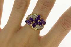 10K Yellow Gold Pear Amethyst Cluster Diamond Bypass Ring