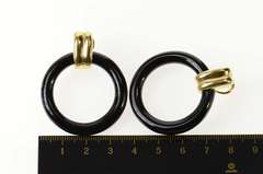 14K Yellow Gold Round Carved Black Onyx Door Knocker Earrings