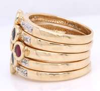 Fabulous Yellow Gold Nine Round Shaped Emeralds, Rubies and Blue Sapphires Stack Ring