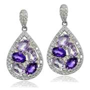 Sterling Silver African Amethyst, Amethyst and White Topaz Teardrop Cluster Tonal Earrings