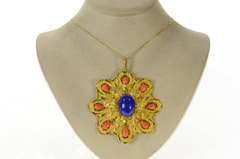 18K Yellow Gold Oval Lapis Lazuli Diamond Coral Statement Pendant