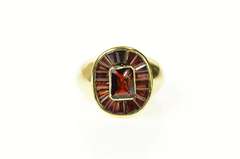 18K Yellow Gold Emerald Garnet Baguette Bezel Halo Cocktail Ring