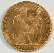 Superb Gem BU 1910 France 20 Francs Gold 'Rooster' coin