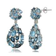 Sterling Silver London Blue, Swiss Blue and White Topaz Tonal Cluster Dangle Earrings