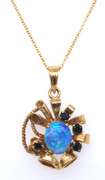 Vintage Yellow Gold Opal and Sapphire Pendant on Chain