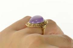 14K Yellow Gold Oval Lilac Jade Cabochon Scroll Filigree Ring