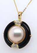 Fancy Yellow Gold Mabe Pearl, Diamond and Black Onyx Pendant on Chain