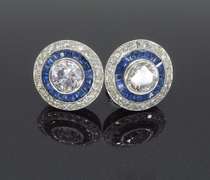 Vintage Blue Sapphire & Diamond Halo Earrings in Platinum