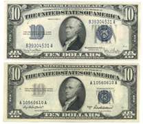 Nice XF 1953-A & Crisp Unc 1934-D $10 Silver Certificates