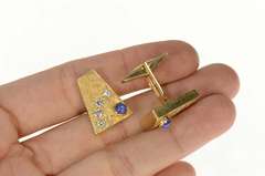 14K Yellow Gold 1960's Diamond Blue Star Sapphire Geometric Cuff Links
