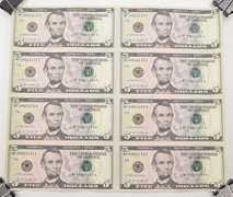 Lot (8) 2013 $5 United States Federal Reserve Notes Uncut Sheet