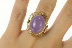 14K Yellow Gold Oval Lilac Jade Cabochon Scroll Filigree Ring