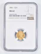 MS62 1861 $1 Indian Princess Head Gold Dollar - Graded NGC
