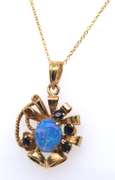 Vintage Yellow Gold Opal and Sapphire Pendant on Chain