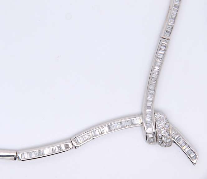 Spectacular 18kt White Gold Baguette and Round Brilliant Cut Diamond Necklace, Bracelet and Earrings Set