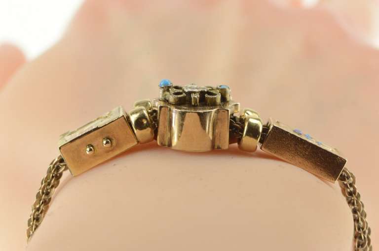 14K Yellow Gold Victorian Ornate Turquoise Pearl Slide Charm Bracelet