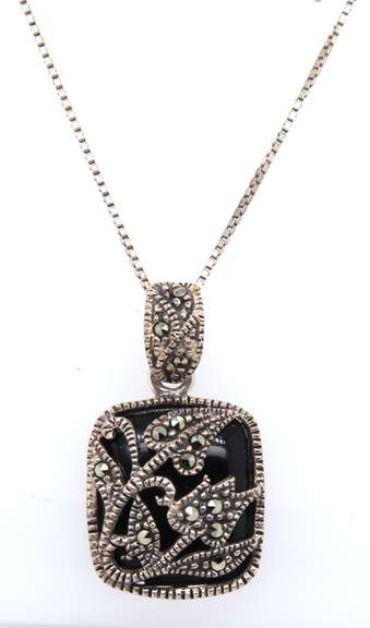 Set of 925 Sterling Silver Marcasite and Black Onyx Pendant on Chain With Dangle Earrings