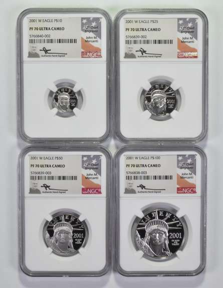 (4) PF70UCAM 2001-W $10-$100 1/10-1 Oz .999 Platinum Eagle Signed NGC