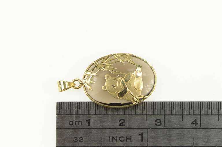 14K Yellow Gold Oval Smoky Quartz Panda Bamboo Motif Pendant