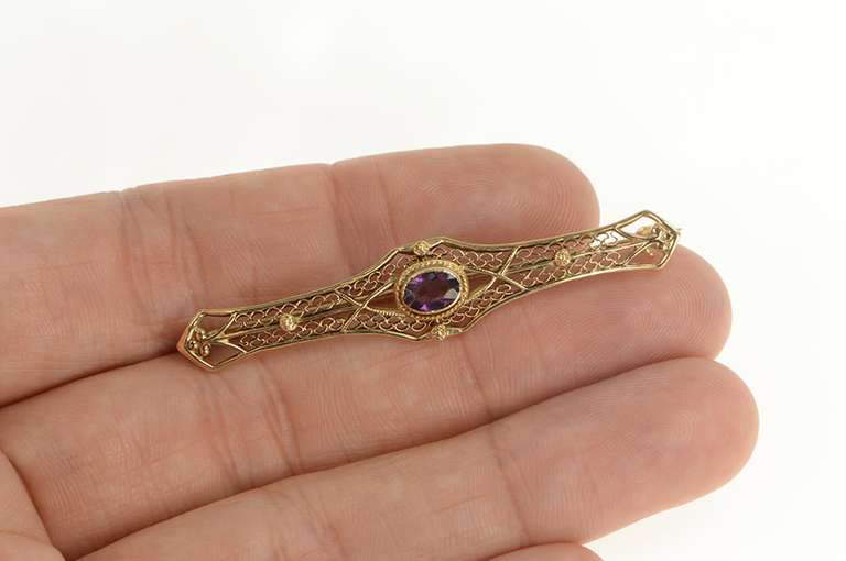 14K Yellow Gold Victorian Amethyst Ornate Filigree Bar Pin/Brooch