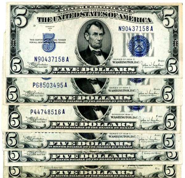 6 1934 $5 Blue Seal Silver Certificates