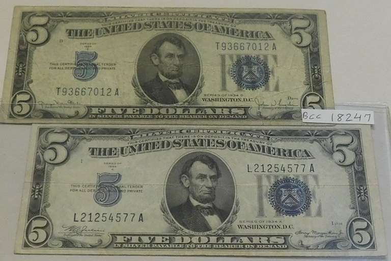 2 Notes: $5. 1934-A & -D Silver Certs lite circ