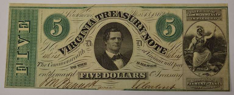 May 13th 1862 $5 Virginia Treasury Note, Circulated.