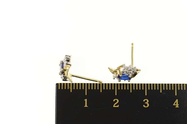10K Yellow Gold Oval Syn. Sapphire Diamond Classic Stud Earrings