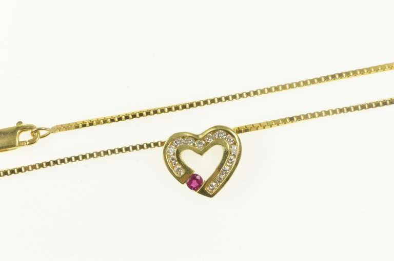 14K Yellow Gold 0.60 Ctw Diamond Ruby Heart Love Chain Necklace