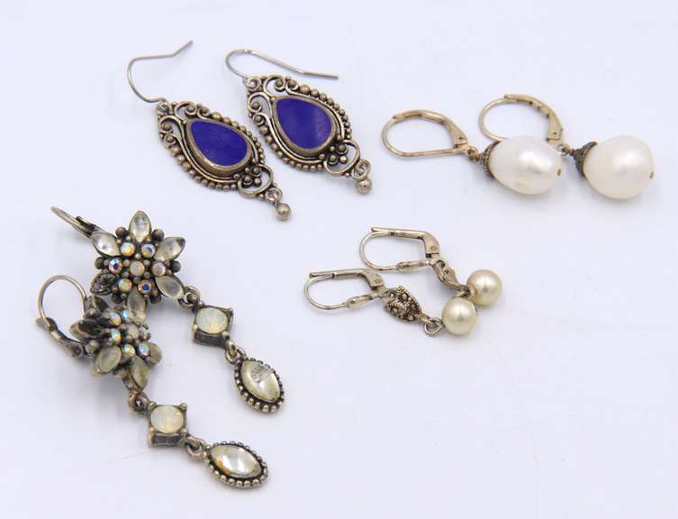 Group Lot of 4 Vintage 925 Sterling Silver Dangle Earrings