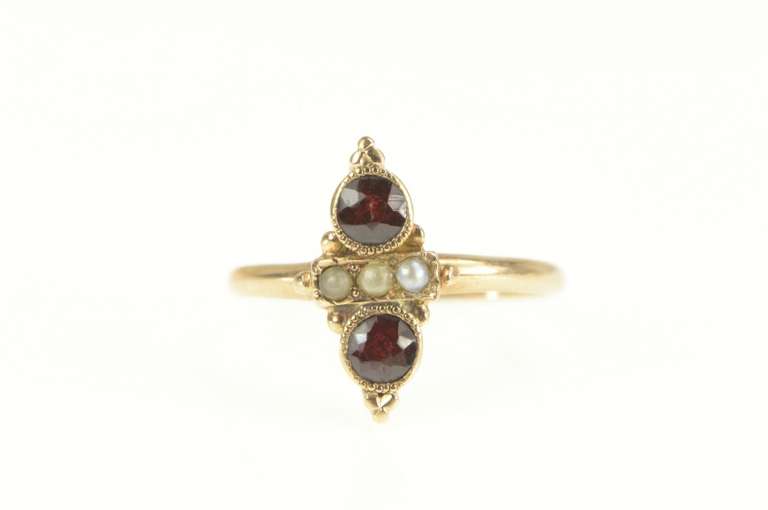 10K Yellow Gold Victorian Garnet Seed Pearl Ornate Statement Ring