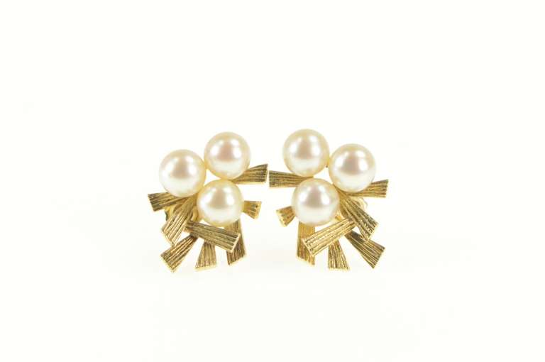 14K Yellow Gold Pearl Cluster Retro Geometric Statement Earrings