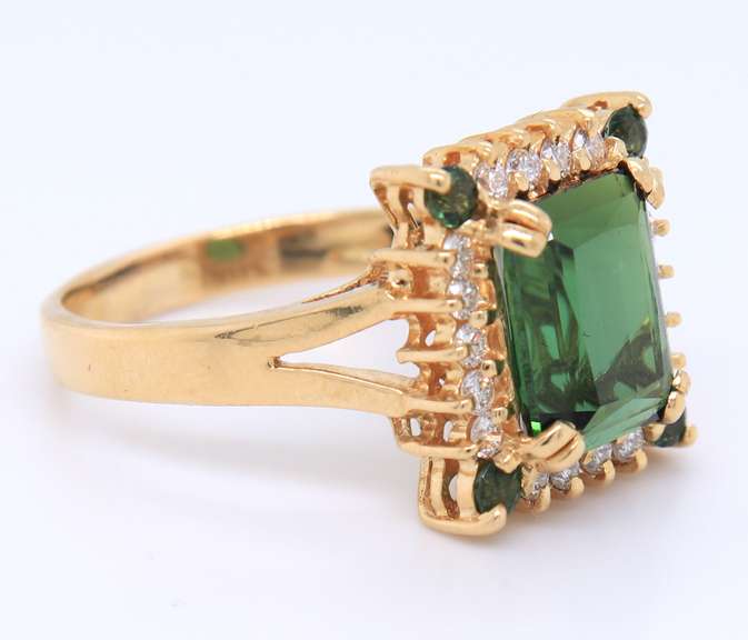 Attractive 18kt Emerald Cut Green Tourmaline with Round Green Tourmaline and Diamond Ring