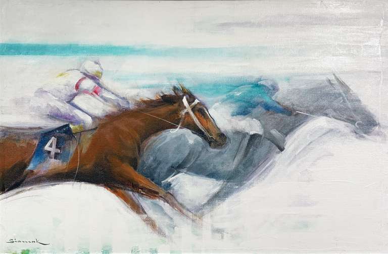 Siamak Etemadi Original Oil on Canvas "Horse Race"