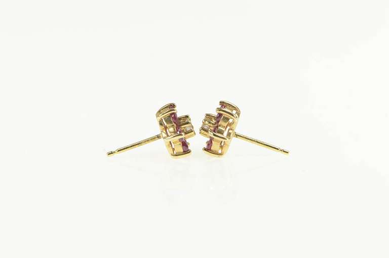 14K Yellow Gold Diamond Ruby Flower Halo Cluster Stud Earrings