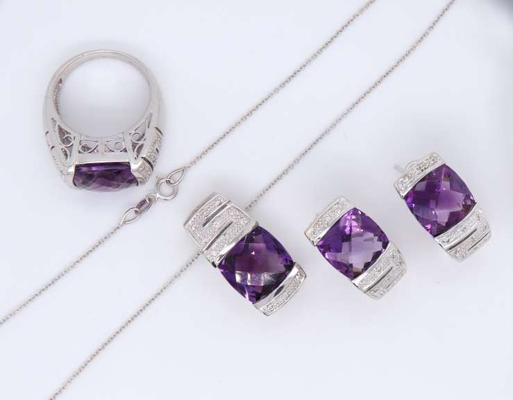 Impressive White Gold Amethyst and Diamond Ring with Matching Earrings and Pendant on Chain