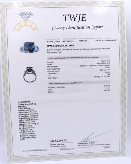Charming White Gold Cushion Cut Opal and Tapered Baguette Diamond Ring