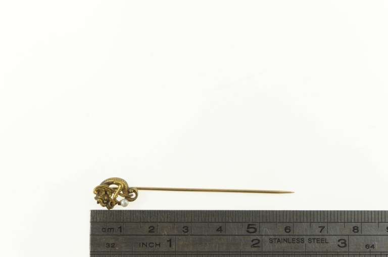 14K Yellow Gold Victorian Dragon Seed Pearl Unique Elaborate Stick Pin