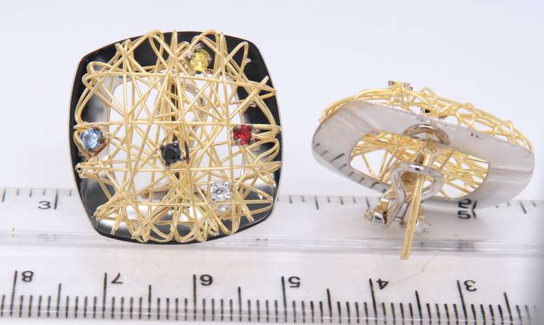 Wonderful Yellow Gold open Owen Square Multi Stone Earrings