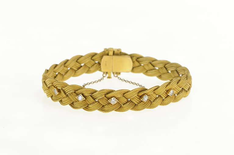 14K Yellow Gold 1950's Diamond Plait Braid Woven Chain Bracelet
