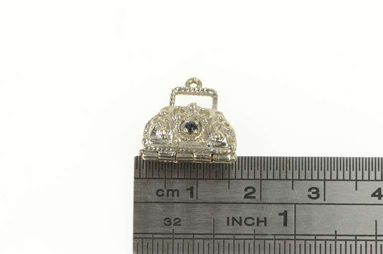 14K White Gold Sapphire Diamond Locket Purse Hand Bag Charm/Pendant
