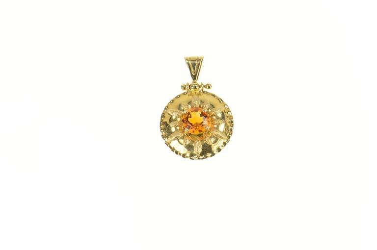 14K Yellow Gold Citrine Ornate Sun Flower Circle Statement Pendant