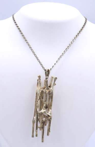 Vintage 925 Sterling Silver Brutalist Brooch Pendant on Italian Chain