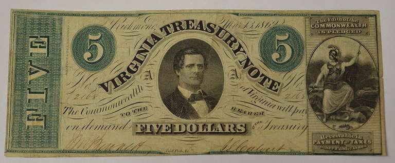 May 13th 1862 $5 Virginia Treasury Note, Circulated.