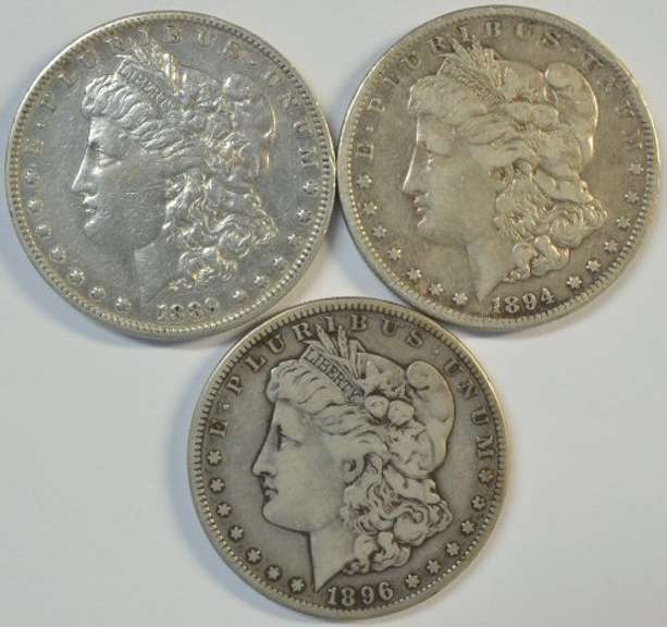 3 Key date 'S' Mint Morgan Silver Dollars: 1889-S, 1894-S, & 1896-S